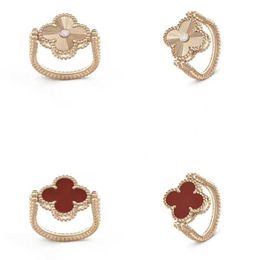 High luxury ring charm classic musthave New Red Chalcedony Flippable Ring Gold Double Flower sided Clover Flipped with common vnain