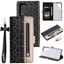 PU Leather Phone Cases for Samsung Galaxy S24 S23 S22 S21 S20 Ultra Note10 Plus Lace Pattern Zipper Wallet Flip Kickstand Cover Case with Coin Purse