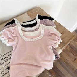 T-shirts French Style Big Lace Collar Baby Girls Soft Cosy Mesh Shirt Summer Kids Short Bubble Sleeve Blouse 1-7Years Children Clothing H240425