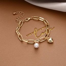 Charm Bracelets Fashion Pearl Pendant Heart For Women Gold Color Stainless Steel Chains Bangles Luxury Jewelry Accessories