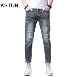 Hip Hop Jeans For Men Dark Blue Stretch Skinny Ankle Length Denim Pants Ripped Man Summer Frayed Patchwork Cowboys 240417