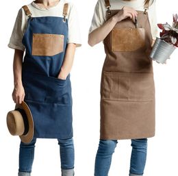 Fashion Adjustable PU Canvas Apron Coffee Shop Barber Aprons Bib Cooking Kitchen Aprons For Woman Man Work Apron With Pockets LJ206512725