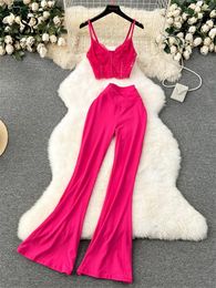 Women's Two Piece Pants SINGREINY Sweet Sexy Sets Strap Sleeveless Lace Tops High Waist Flare Women Fashion Solid Vacation Style Summer