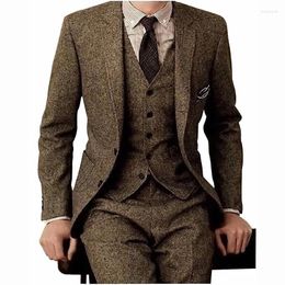 Men's Suits Brown Tweed Men 3 Piece Formal Business Suit Slim Set Gentle-Mens Groom Wedding Dress Blazer (Jacket Pants Vest)