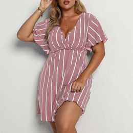 Casual Dresses Plus Size Women'S Dress Striped Print Slim Wrap V Neck Short Sleeve Summer Receiving Waist Ladies