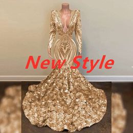 African Gold Mermaid Prom Dresses V Neck Long Sleeve Plus Size D Rose Evening Dress Elegant Formal Party Sequin Gown Black Girls Night Wear Robe Soiree