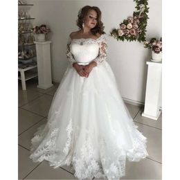 Wedding Ivory Size Bateau Plus Dress Line A Neck Lace Long Sleeve Appliques Bow Sash Hollow Back Garden Bride Dresses Country Bridal Gowns Robe De Mariage ppliques es