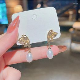 Stud Earrings Golden Butterfly Long Tassle Imitation Pearl Dangle Vintage For Woman Fashion Korea Drop Piercing Jewellery