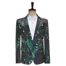 Jackets Men's Suit Jackets Blazer Man Jacket Coat for Men Stage Performs on a Flat Velvet Green Peacock Print(Only Blazer)