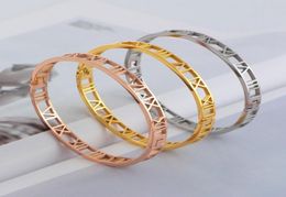 2014 fashion silver roseyellow gold 316L stainless steel hollow roman numbers cuff bracelet Jewellery for women6149104