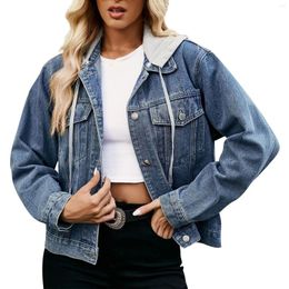 Women's Jackets Denim Women Hooded Short Style Clothing Retro Topcoat Pocket Buttons Long Sleeve Loose Fitting Jean Fall Spring