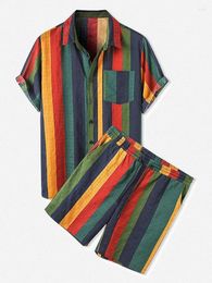 Men's Casual Shirts Beach Colorful Striped Ins Two-piece Set With Short SleeveS