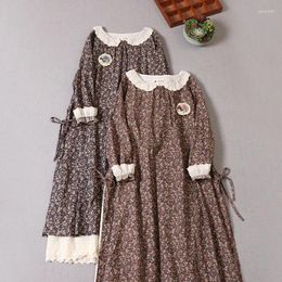 Casual Dresses Mori Girl Literary Print Cotton Linen Long-Sleeved Dress Loose All-Match Embroidery Little Doll Collar