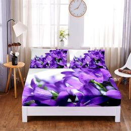 sets Beautiful Flower 3pc Polyester Bedding Solid Fitted Sheet Mattress Cover Four Corners with Elastic Band Bed Sheet(2 Pillowcases)