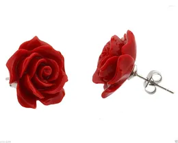 Stud Earrings Fashion Jewellery 12mm Coral Red Rose Flower 925 Sterling Silver