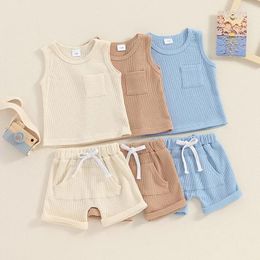 Clothing Sets Toddler Kids Baby Boys Summer Solid Sleeveless O-neck Waffle Pocket Tanks Tops Elastic Waist Shorts 2pcs Clothes