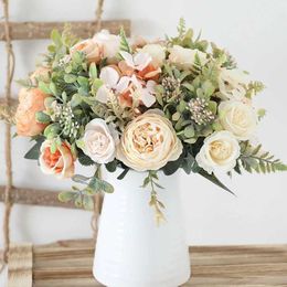 Dried Flowers DociDaci Autumn White Silk Artificial Roses Flowers Wedding Home Decoration High Quality Bouquet Luxury Fake Floral Arrangement