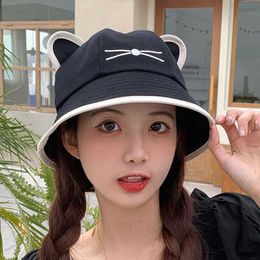 Wide Brim Hats Bucket Hats Korean cartoon cat ear womens bucket hat spring and summer Kawaii beach tourism sun shading hat wide Brim pure cotton Panama hat 240424