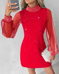 Casual Dresses Womens 2024 Fashion Rhinestone Decor Sheer Mesh Patch Mock Neck Long Sleeve Women's Mini A Line Dress Clothing