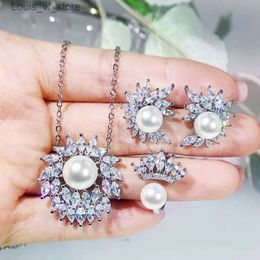Wedding Jewelry Sets 925 Silver New Temperament High-End Group Inlaid White Zircon Fashion Simulation Pearl Shell Beads Pendant Earring Open Ring Set H240426