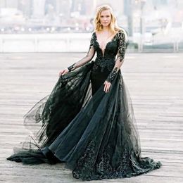 Black Detachable Wedding Long Sleeves Gothic Mermaid Dresses Train Deep V-Neck Appliqued Lace Formal Bridal Gowns Vintage Garden Rustic Brides Dress Customize