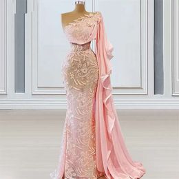 Jedna koronkowe ramię różowe szykowne sukienki wieczorowe syreny aplikacje imprezowe suknie dla kobiet sukienka z przodu rozdzielająca podłogowa szata de soriee