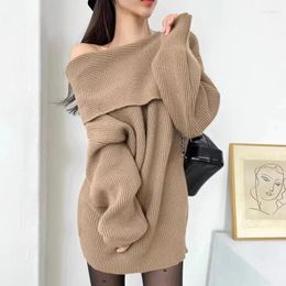 Casual Dresses VANOVICH Korean Style Autumn And Winter Retro Slash Neck Loose Long-sleeved Knitting Dress Female Solid Color