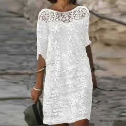 Basic Casual Dresses Beach Dress Lace Embroidery Flower Stitch Pleated Dresses Womem Fashion Linen Party Dress Chic Hollow Formal Dress Streetwear