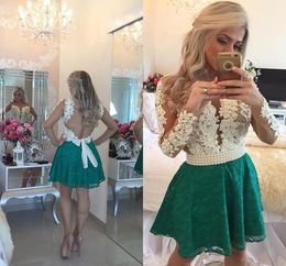 Sexy Lace Green Homecoming Dresses 2022 With Long Sleeves Pearls A line Hollow Back Short Prom Graduation Cocktail Dress Plus size9453044