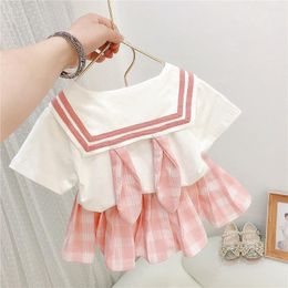 Clothing Sets Summer 2024 Toddler Girl 2PCS Clothes Set Navy Collar Ears Shirt Plaid Elastic Waist Skirt Baby Outfit Kid Suit
