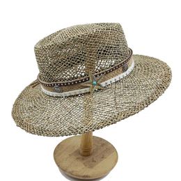 Wide Brim Hats Bucket Hats 2023 New Summer Natural Brine Str Hat Handwoven Hat Flat Top Hat Womens Flower Embroidered Patch Str Hat French Beach Hat J240425