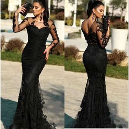 Evening Lace Mermaid Black Arabic 2020 Sheer Long Sleeves Tulle Applique Floor Length Prom Dresses Party Gowns Bc2671