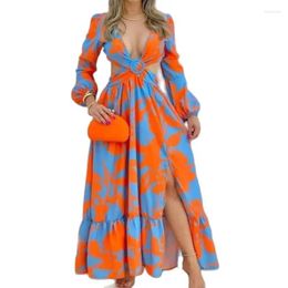 Party Dresses Autumn Women's Sexy Fashionable Elegant Comfortable Half High Collar Mid Waist Vintage Print Long Split Large Swing Dress