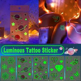 Tattoo Transfer Luminous Tattoo Sticker Temporary Colorful Butterfly Planet Cute Tatoo Stickers Glowing Waterproof Body Art Women Fake Tattoo 240427