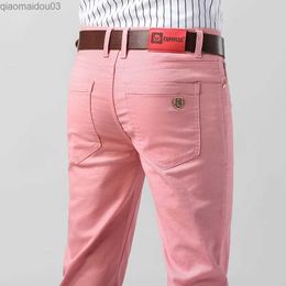 Men's Jeans Mens casual elastic tight jeans new elastic yellow pink ultra-thin mens clothing solid Colour simple business denim TrousersL2404