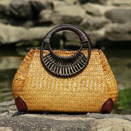 Shoulder Bags 2024 Women Straw Female Bamboo Summer Beach Weave Handbag Lady Handmade Vintage Wood Handle Bag Travel Knitted Totes