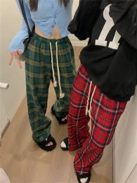 Capris QWEEK Korean Fashion Red Plaid Pants Women Y2K Vintage Green Oversized Wide Leg Chequered Trousers Harajuku Jogging Sweatpants