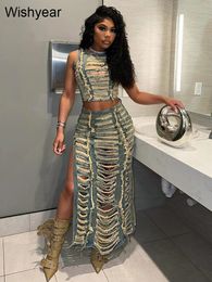 Elegant Ripped Hole Denim Two 2 Piece Dress Set Women Sleeveless Crop Tank Tops and Split Side Maxi Skirt Streetwear Outfits 240423