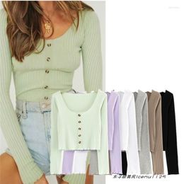 Women's T Shirts Niche Fashion Style V Neck High Waist Short Crop Top Sunken Stripe Breasted Long Sleeve Bottoming Cardigan