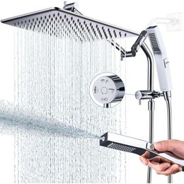 3-Way Diverter Shower Head with Handheld, Built-in Power Wash Mode, Pause Setting, Adjustable Extension Arm with Lock Joint - Stainless Steel