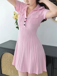 Party Dresses Women Pink Knitted Mini Dress Turn-Down Collar With Buttons Clothes Sweet Commuter Slim Waist Short-Sleeved A-Line Robes