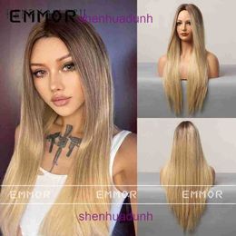 2022 New Net Red Wind Mid parting Brown Gradually Golden Long Straight Hair High Temperature Silk Wig Headgear