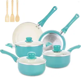 Cookware Sets 11pcs Kitchen Induction Ceramic Non Stick Cooking Set Stay Cool Handle & Bamboo Utensils