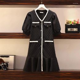 Party Dresses EHQAXIN Women Luxury French Elegant Black Dress Summer 2024 V-Neck Puff Sleeve Vintage Single-Breasted Ruffle