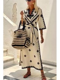 Vintage Dress Fashion Print V Neck Half Sleeve Belt Long Dresses For Women Spring Autumn Boho Casual Dress Robe Femme 240415