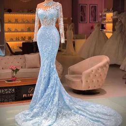 Elegant Gorgeous Sky Mermaid Blue Evening Dresses Long Sleeves Appliques Sweep Train Custom Made Women Formal Prom Party Gowns Bc12769