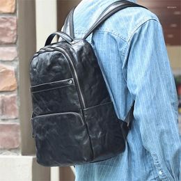 Backpack Highend A4 Vintage Black Vegetable Tanned Top Grain Genuine Leather 15.6'' Laptop Women Men Bookbag Travel Bag M6751