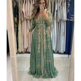 Kaftan eleganckie formalne koronkowe złote aplikacje wieczorne marokańskie linie arabskie muzułmańskie szałwii specjalne sukienki ocn długość podłogi z baldachkiem sukienka balowa długi rękaw wcale