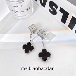 Designer Luxury Jewelry Earring Fanjia Four Leaf Grass Two Flower Full Diamond Black Agate Ear Patches Panda Double Earrings S925 Silver Studs