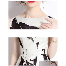 Basic Casual Dresses New Fashion Sleeveless High Waist Summer Dress For Women Ink Print A-Line Long Robe Female Clothing 2024 Drop Del Dhkor